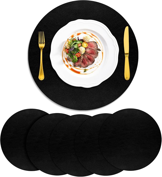 ADRIMER Placemats, Heat Resistant Round Placemats Set of 6 Washable, Waterproof Table Mats, Wipeable Faux Leather Place Mats for Kitchen, Dining Room, Black by Adrimersdreamistobeanindispensablecompanioninyourlife