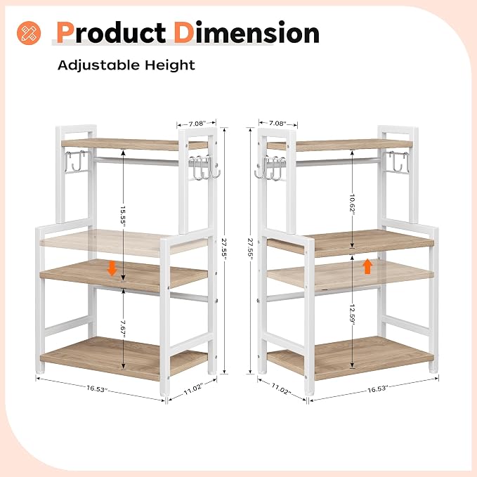 Kitchen Countertop Organizer, 3 Tier Large Spice Rack Organizer with Adjustable Shelf and 5 Hooks, Wooden Counter Organizer, Countertop Shelf Microwave Stand for Kitchen Coffee Bar, Light Coffee - Image 7