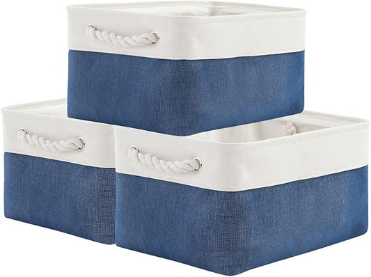 Storage Basket for Organizing - Medium 3 Pack 14x10x7 inch Fabric Storage Cubes for Shelves with Rope, Collapsible Storage Bin for Organizer Closet Cloth Gift Toy (White & Jean Blue) by TheWarmHome