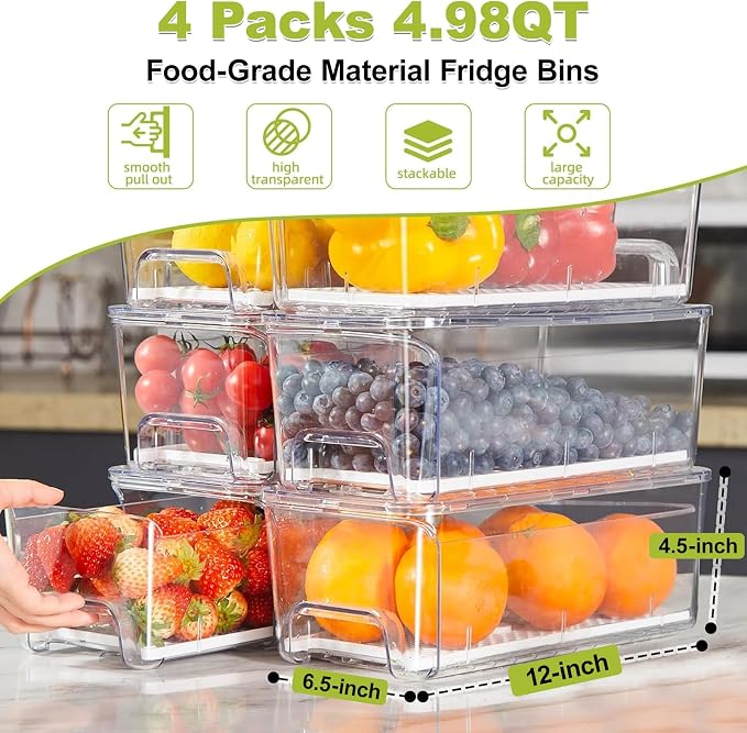 4-Pack Refrigerator Drawer Organizer Bins, Clear Stackable Pull Out Fridge Organizers and Storage Container, with Strainer Layer for Fruits, Vegetables, Drinks, Snack and Food - Image 2