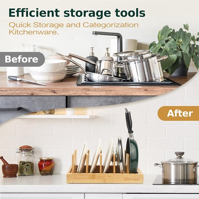 Wisreach Bamboo Pot Lid Organizer, Adjustable Kitchen Organizer for Cabinet, Expandable Pot and Pan Storage Rack, Kitchen Organization for Lids, Bakeware, and Cutting Boards - Image 4