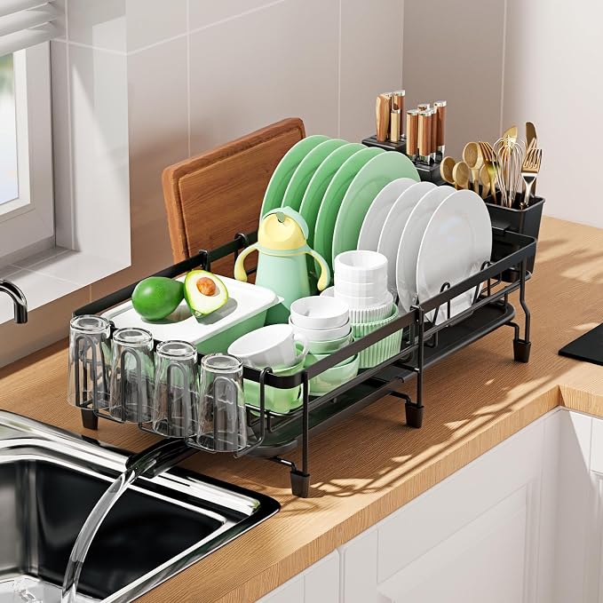 Dish Drying Rack - Extendable Dish Rack, Multifunctional Dish Rack for Kitchen Counter, Anti-Rust Drying Dish Rack with Removable Cutlery & Cup Holders, Black by Unknown