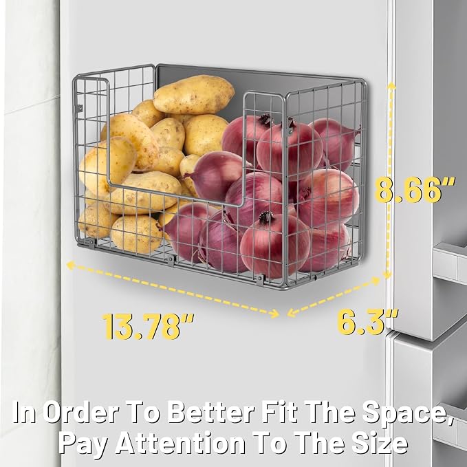 Magnetic Fridge Shelf, Fruit Potato & Onion Storage Bins, Pantry Organizers, Large Container Basket for Refrigerator, Kitchen Counter, Cabinet (2, Silver) - Image 5