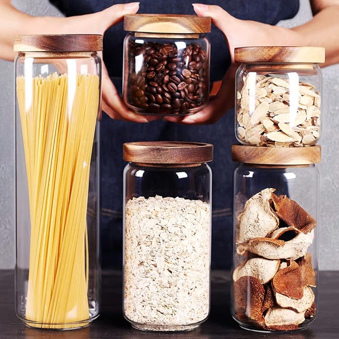 SAIOOL Set of 5 Kitchen Canisters,Thick, Stackable, Natural Style,Cookie, Rice and Spice Jars - Sugar or Flour Container - Big and Small Airtight Food Jar for Pantry - Image 3