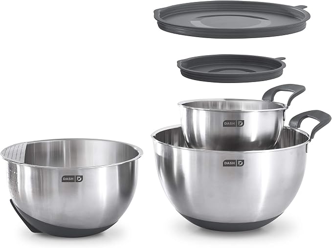 DASH Stainless Steel Mixing Bowls with Lids, Silicone Non-Slip Base with Measuring Lines and Strainer, 3 Bowl Set - 1.5 Quart, 3 Quart, & 5 Quart - Grey by Dash