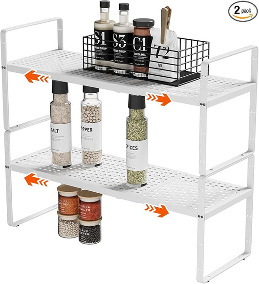2Pack 16.5-27''L Expandable Cabinet Countertop Shelf Organizer, White | 8"W x 9.6"H, Stackable Metal Shelves, Storage Spice Rack, For Pantry and Cupboard, Kitchen Organizers and Storage by DPZM