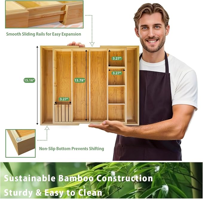 Bamboo Expandable Drawer Organizer, 15"-22" Storage Tray | Expandable 15"-22" bamboo drawer organizer with removable dividers, customizable storage for kitchen, makeup and office. - Image 2