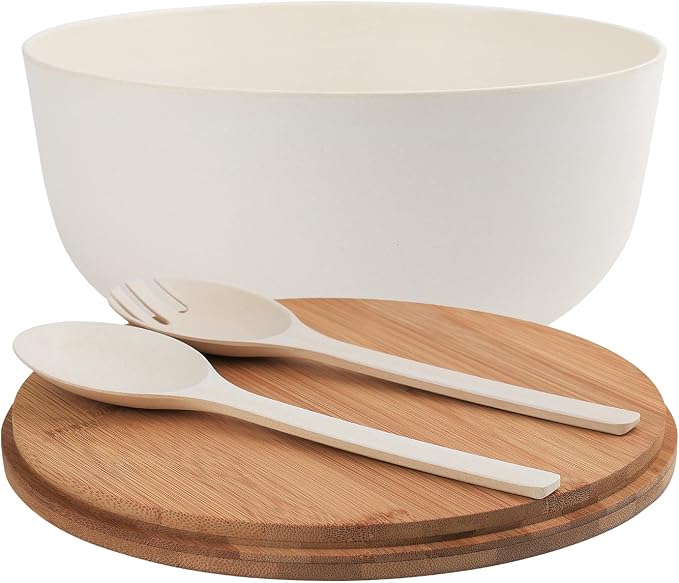 LOVYANXUE Bamboo Fiber Salad Bowl with Servers Set Large 9.8inches Nature Bamboo Mixing Bowl with Servers with Lid Spoon and Fork for Fruits,Salads and Vegetables - Image 2