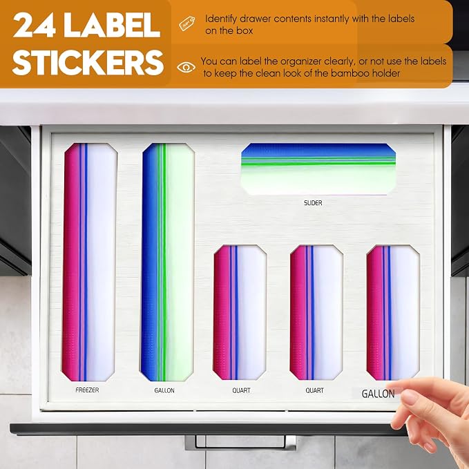 6 in 1 Bamboo Ziploc Bag Storage Organizer, White Baggie Organizer for Drawer with Sliding Lid - Fits Gallon, Quart, Sandwich, Snack & Freezer Bags, Wall Mountable Kitchen Drawer Organization - Image 5