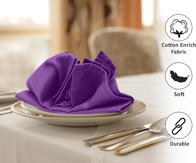 Ruvanti Cloth Napkins Set of 6, 18x18 Inches Napkins Cloth Washable, Soft, Durable, Absorbent, Cotton Blend. Table Dinner Napkins Cloth for Hotel, Lunch, Restaurant, Wedding Parties - Purple - Image 3