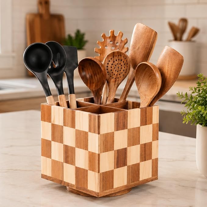 Rotating Square Wooden Utensil Holder – 7.3” Square Acacia Wood Kitchen Utensil Organizer with Checkered Design, Large Countertop Crock for Spatulas, Spoons & Cooking Tools, Farmhouse Kitchen Decor - Image 2