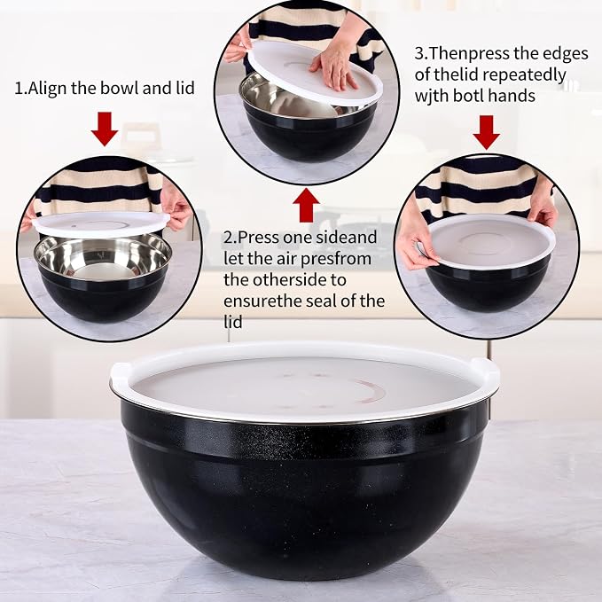 Black Mixing Bowls with Lids Set of 7, Stainless Steel Nesting Bowl with Khaki Lid for Non-slip Mixing Prepping Storing Serving, 7 Sizes-7/3.6/2.7/2.1/1.5/1/0.8 QT - Image 3