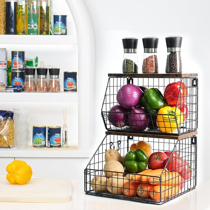 Mefirt Fruit Basket, Stackable Wall Mounted Fruit Baskets, Potato Baskets Onion Storage for Kitchen, Hanging Wire Basket with Wood Lid, 2-Tier Vegetable Organizer Kitchen Countertop Organization | Hanging Potato Basket Wire Basket with Wood Lid, 2-Tier... - Image 6