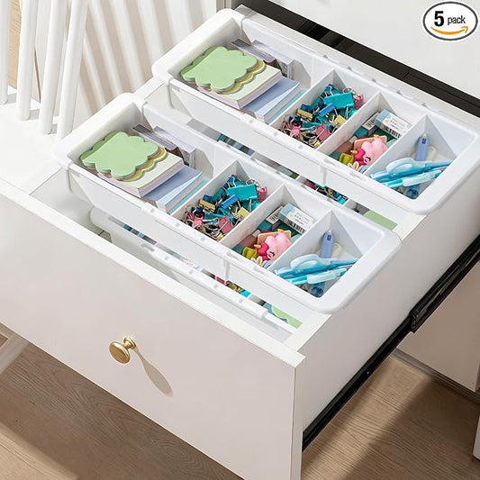 5 Pcs Expandable Drawer Organizer Bins Adjustable Deep Drawer Hanging Organizer Tray Expandable 11.4 to 18.1 Inches Plastic Dividers Storage for Office Bathroom Bedroom Kitchen Desk, White by Unknown