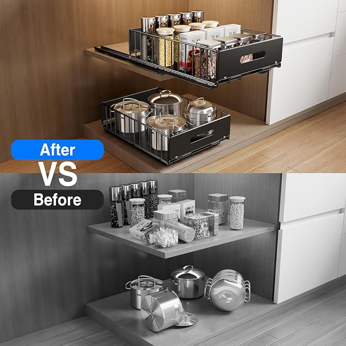 Mustorn 2 Pack Pull Out Cabinet Organizer, Slide Out Drawers for Cabinets, Peel and Stick, Heavy Duty Shelves for Kitchen, Cupboard, Pantry, Bathroom (16.5"D*11.8"W*3.94"H-Black) - Image 6