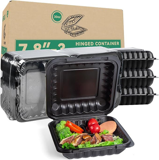 65-Pack 30oz 7.8 Inch Black Bento Box - Shrink Wrapped No Pre-Wash | 3-Compartment Reusable & Sturdy | Microwave and Freezer Safe Takeout Containers for Catering, Meal Delivery & Leftovers by LEOBOX