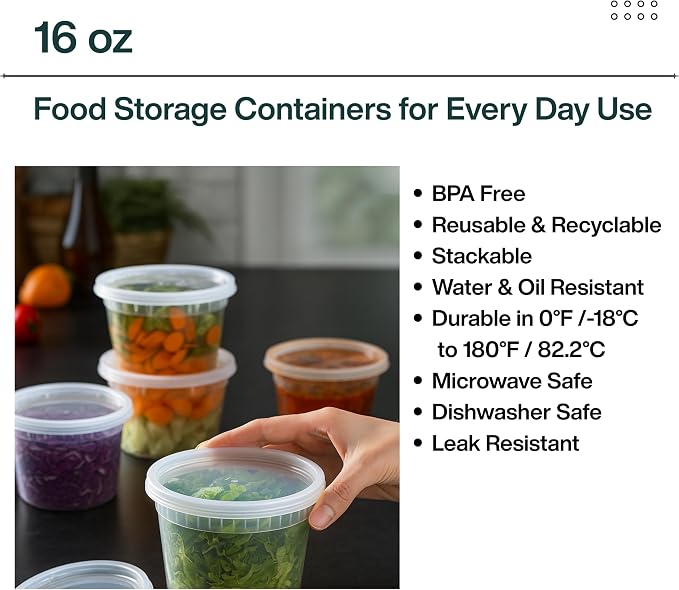 Reusable Plastic BPA-Free Food Storage Deli Container Leak‑Proof | 16oz, 24 set, Heavy Duty, Microwave, Freezer & Dishwasher Safe, Stackable - Image 7