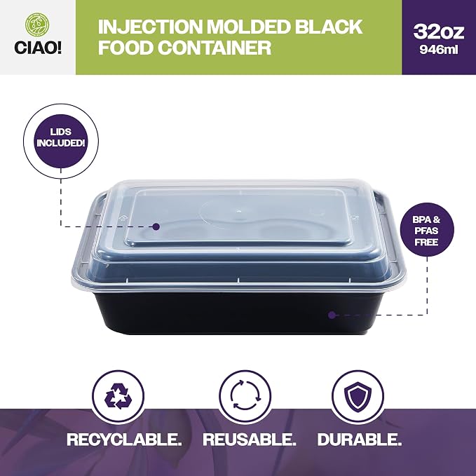 CIAO! Heavy Weight 32oz Injection Molded Microwavable Black Rectangular Food Container with Lid (150/case) - Image 2
