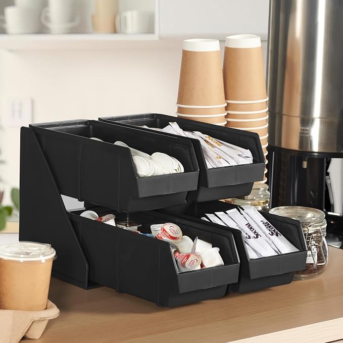 Black Self Serve Condiment Bin Stand Set, Removable Condiment Organizer with 2-Tier Stand and 4 Condiment Bins, 16" D x11.25 W x 9.5" H, Coffee Bar Beverage Station - Image 2