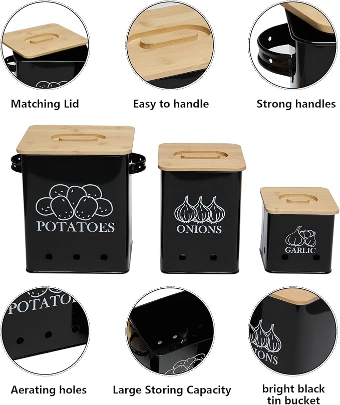 Kitchen Canisters Set, Storage Bin for Potato Onion & Garlic, 3 Pack Set Countertop Pots Containers with Wooden Lid - Potato Storage, Garlic Bin, Onion Keeper Tin with Aerating Holes-Black - Image 4