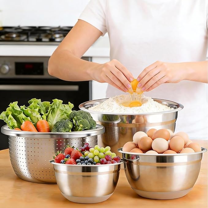 Stainless Steel Mixing Bowls Set with Lids & Silicone Base - 7-Piece Kitchen Gadgets Includes Colander, Grater, Egg Separator, Whisk - Nesting Bowls (1.5, 2, 2.5, 4.5 QT), Dishwasher Safe, Khaki - Image 4