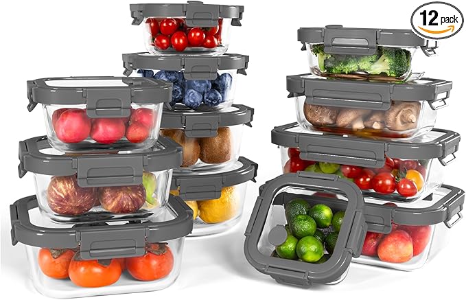 12-Pack Glass Containers with Tempered Lids – Borosilicate, Oven-Safe(-4°F~950°F), Airtight, BPA-Free, Multi-Size for Meal Prep, Dishwasher Safe, 1.6 cups to 6.4 cups (Gray) by BOROHOUSE