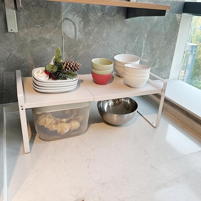 Set of 2 Expandable Cabinet Shelf Organizer, White Kitchen Countertop Shelves, Stackable Metal Pantry Storage Organizer for Cupboard, Spice Rack - Image 5