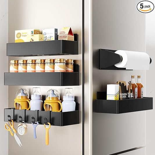 Mystozer Magnetic Spice Rack for Refrigerator,5 Pack Magnetic Shelf,Fridge Magnet Organizer with Paper Towel Holder,Fridge Organizers and Storage Black(5 Pack) by Mystozer