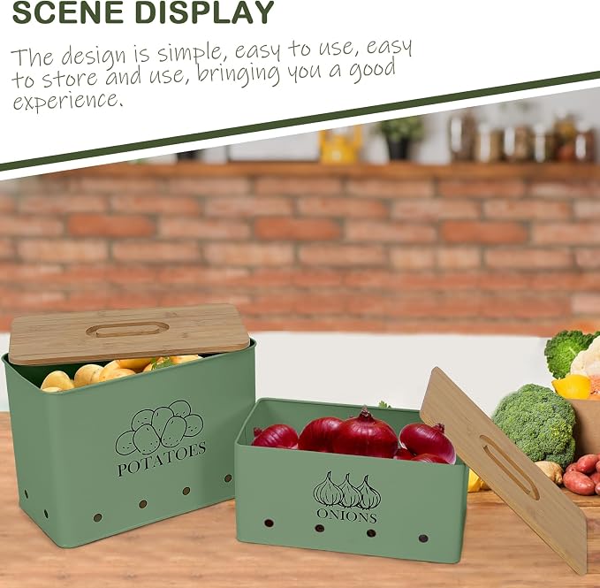 Potato and Onion Storage Bin Set of 2, Vented Metal Vegetable Storage with Wooden Lids, Farmhouse Kitchen Canisters for Countertop Pantry Organizer, Potato Bin Onion Holder for Produce Storage, Green - Image 3