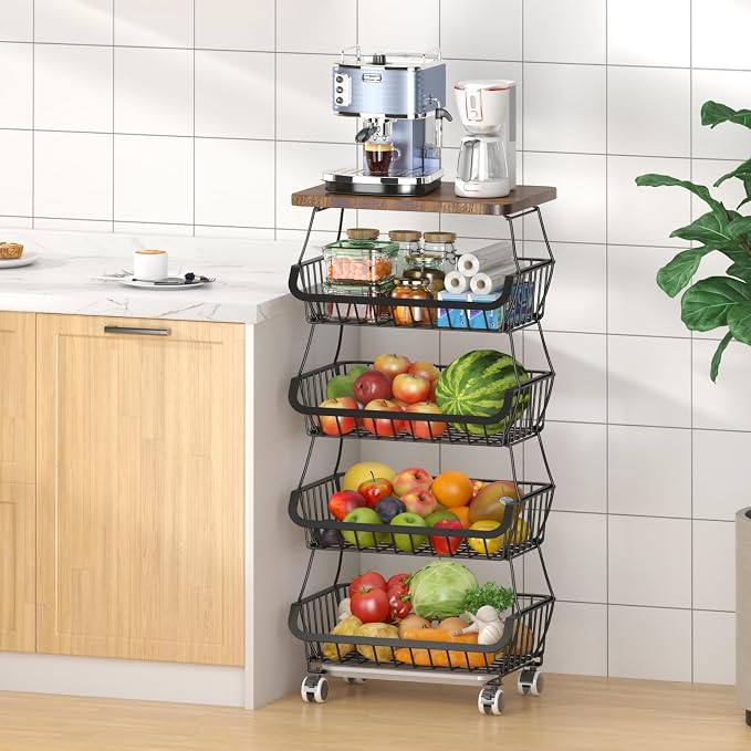 CHLORYARD Fruit Basket with Wooden Lid for Kitchen, 5-Tier Stackable Wire Fruit Vegetable Storage Basket Organizer Stand on Wheel, Produce Basket Potato Onion Storage Bins Rack Cart for Pantry by CHLORYARD