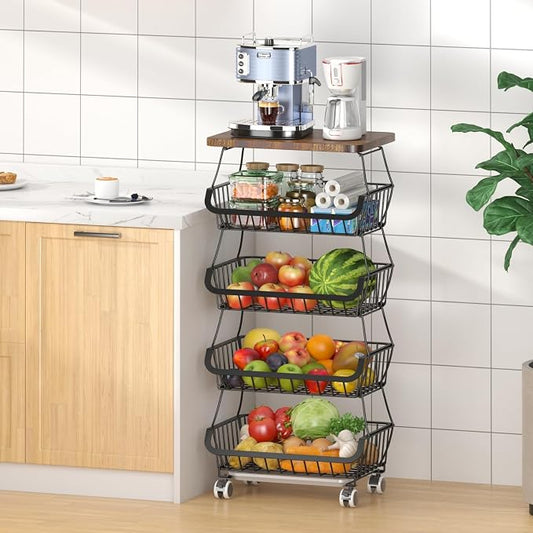 CHLORYARD Fruit Basket with Wooden Lid for Kitchen, 5-Tier Stackable Wire Fruit Vegetable Storage Basket Organizer Stand on Wheel, Produce Basket Potato Onion Storage Bins Rack Cart for Pantry by CHLORYARD