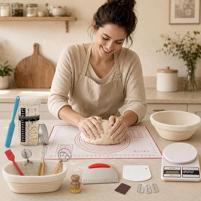 PeacePeo Sourdough Starter Kit with 10" Round and Oval Proofing Baskets | 38Pcs Complete Bread Making Supplies, Natural Rattan, Breathable & Non-Stick, with Scale, Starter Jar for Baking Fermentation - Image 6