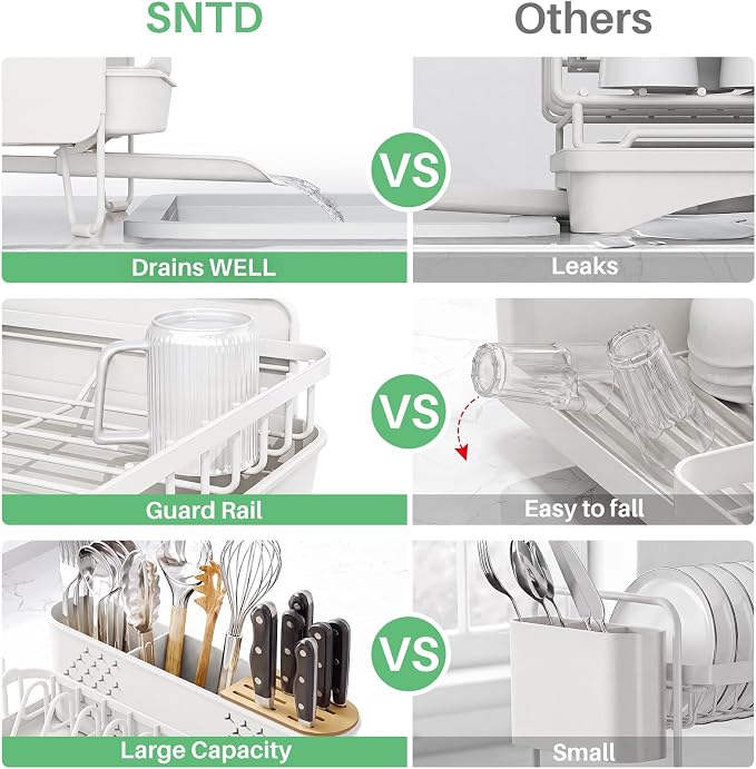 SNTD Large Dish Drying Rack for Kitchen Counter, Expandable, White | Stainless Steel Dish Drainer, Adjustable Length 18.9''-29.3'', Automatic Drainage, 360° Spout, Cutlery Holder with Knife Slot - Image 6