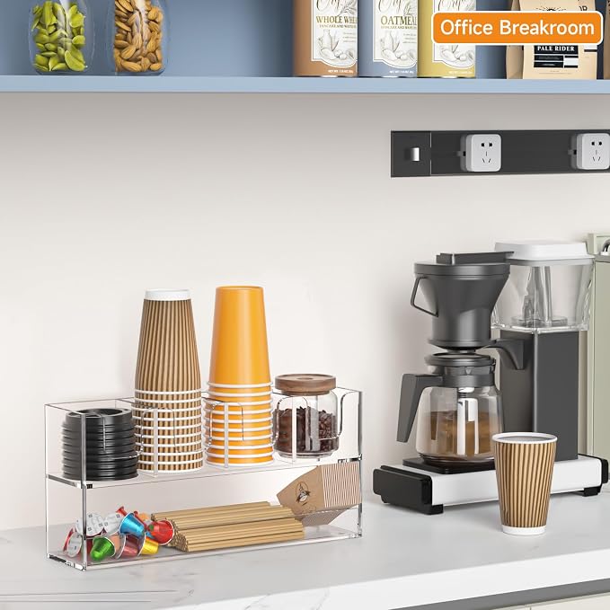 Beego 5-Compartment Cup Holder for Countertop - 2-Tier Clear Acrylic Cup Dispenser Coffee Station Paper Cup and Lid Organizer Condiment Storage for Restaurant Breakroom Kitchen Bar Accessories - Image 3