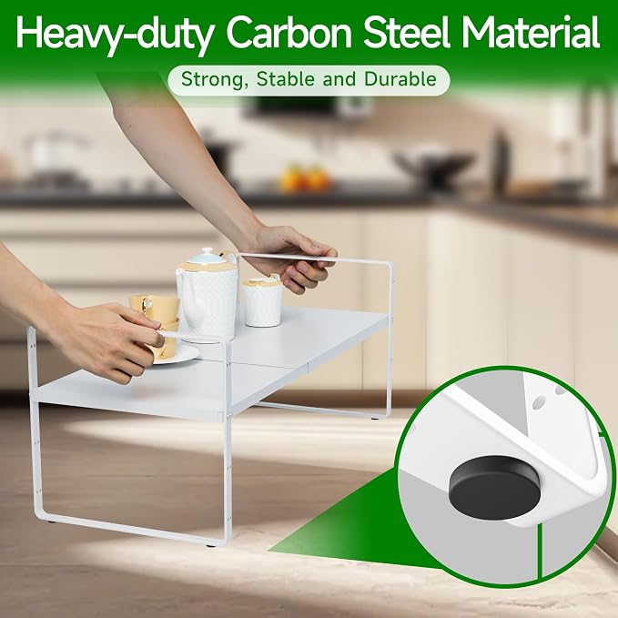 Expandable Adjustable Atackable Kitchen Cabinets Organizer | 80 lb Heavy Duty Metal Pantry Storage Shelves Racks for kitchen, Small Cupboard Organizers with 4 Height Levels - Image 6