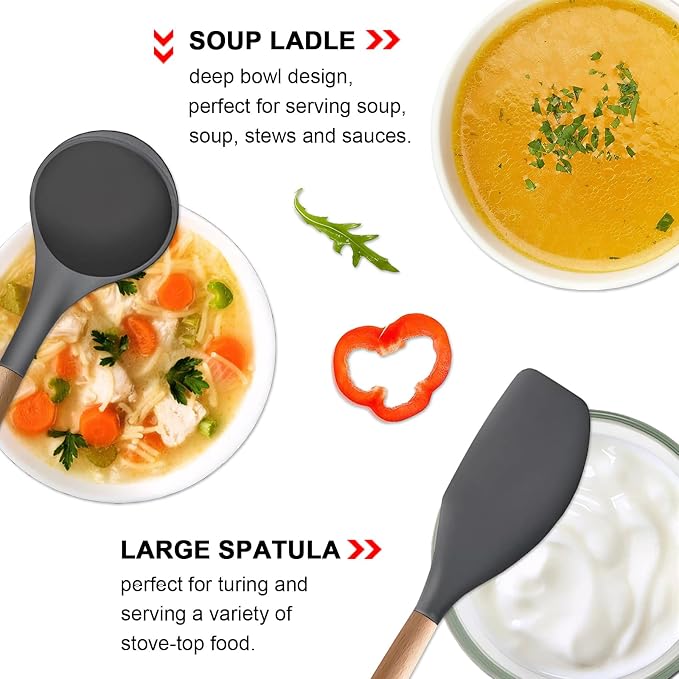 Silicone Cooking Utensils Set 5-Piece Non-Stick Kitchen Utensil Set, Wood Handle Heat Resistant Spatula Spoon Turner Soup Ladle Silicone Cooking Kitchen Gadgets BPA Free for Nonstick Cookware - Image 5