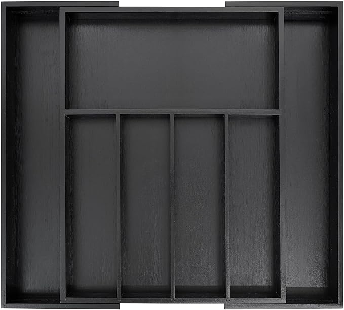 VaeFae Bamboo Drawer Organizer, Large, Black | Cutlery Drawer Holder, Drawer Divider for Silverware, Flatware，43 cm D x 32-55 cm W, 5-7 Slots, Black by VaeFaeDirect