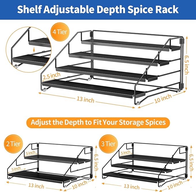 BOIVSHI 4 Tier Spice Rack for Cabinet, Spice Rack Organizer, Depth Adjustable Spice Holder for Countertop, Cupboard, Pantry, Seasoning Shelf, Metal, Black (1 Pack) - Image 4