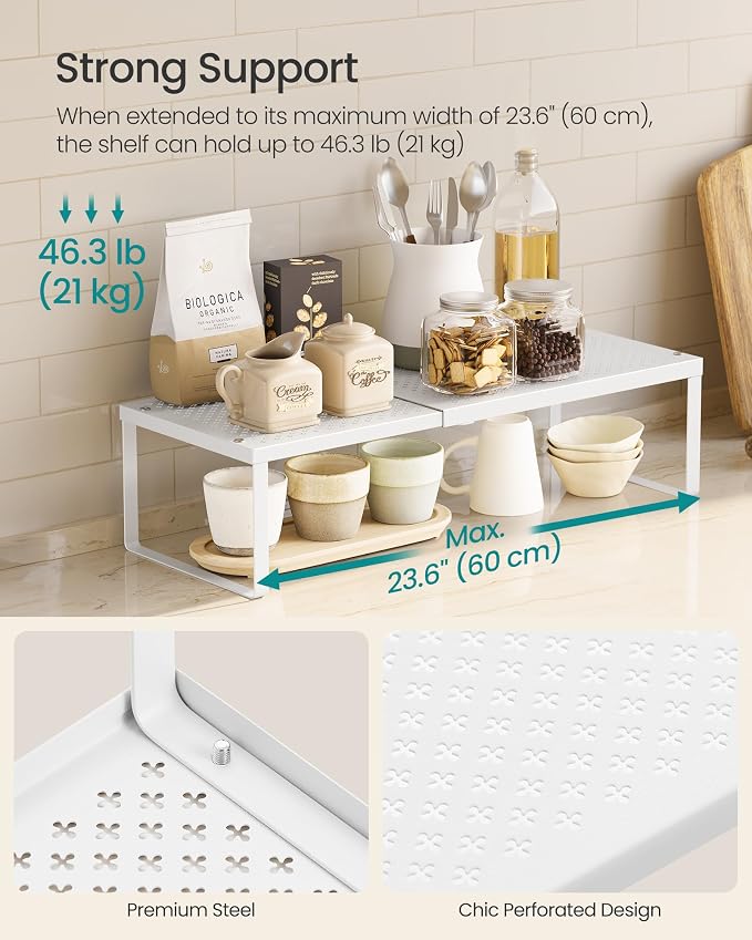 SONGMICS Spice Racks Expandable Kitchen Countertop Shelves, Metal | Set of 3 small cupboard organizers, space-saving tabletop shelves, Matte White, UKCS403WC01 - Image 4