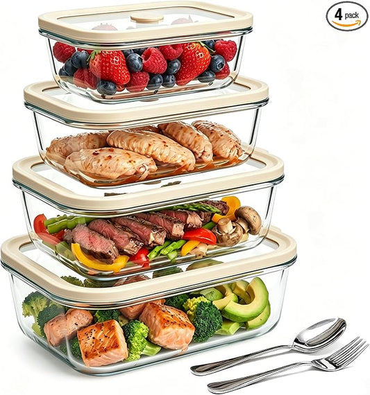 Multi-Size Glass Food Storage Containers with Glass Lids, 4 Pack | Airtight Glass Meal Prep Containers, Plastic Free, Borosilicate Glass Lunch Containers for Leftovers, Microwave, Freezer by Encheng