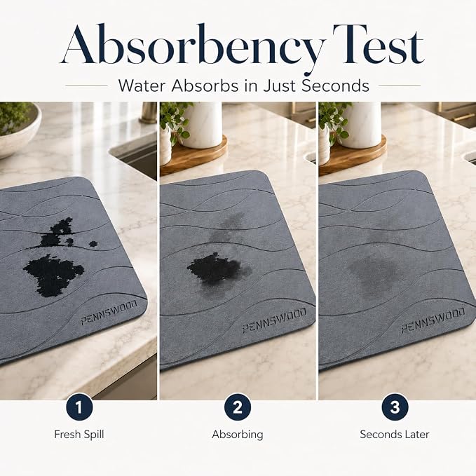 2 Pack Large Stone Dish Drying Mats for Kitchen Counter, （24" x 16" + 16" x 12"）, Diatomaceous Earth, Ultra Absorbent, Quick Dry, with Wooden Feet and Non-Slip Mesh Liners - Image 7