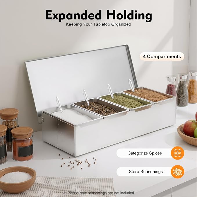Pizza Topping Station Stainless Steel Spice Organizer Rack Condiment Caddy | Seasoning Container Removable Ingredient Holder, Pizza Oven Accessories with Lid for Grill Table Cart, Kitchen& Buffet - Image 7