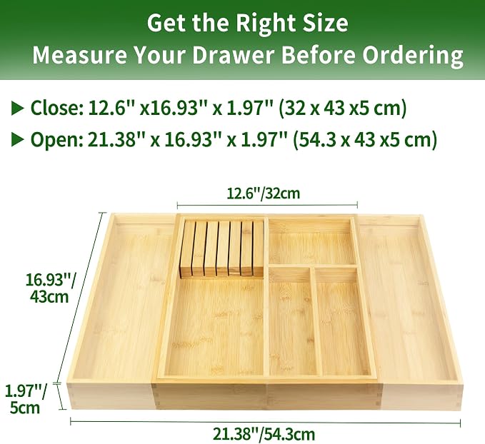 VaeFae Bamboo Silverware Drawer Organizer, 6 Slots, Natural | Expandable, Kitchen Utensil Organizer, Removable Knife Block, Cutlery Tray with Divider, Fork and Spoon Holder - Image 2