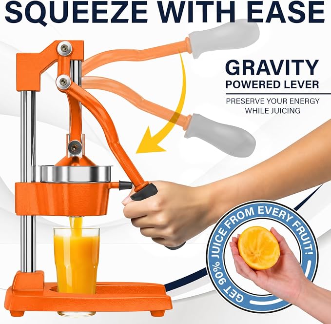 Eurolux Ultra-Premium Cast Iron Juicer | Extra-Large, Heavy Duty, Commercial Grade, Stainless Steel Manual Hand Press Citrus Squeezer For Fresh Orange Juice, Pomegranate, Lemon, and Much More (Orange) - Image 4