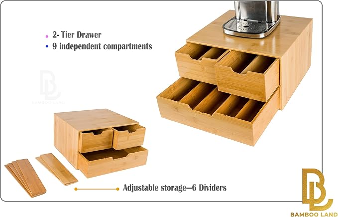 BAMBOO LAND- Extra Large Bamboo K Cup Holder for Counter, 2-Tier K-Cup Organizer Drawer - Image 6