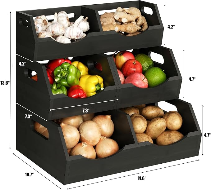 Potato Storage Bins Onion, 3 Tier Bamboo Pantry Storage Bin Stackable Ventilated Organizer for Kitchen, Pantry, Countertop, Bathroom, Black - Image 7