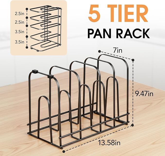 5-Tier Pot and Pan Organizer 13.6", No Assembly Cookware Rack 2-Pack | One-piece Design, Multi-height Layered,Anti-Tip Structure, Dual Vertical & Horizontal Use, Fits Cast Iron Pans & Dutch Ovens - Image 4