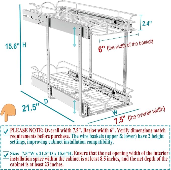 OCG 2 Tier Pull Out Cabinet Organizer (7.5" W x 21.5" D), Pull Out Drawers for Kitchen Cabinets, Pull Out Shelves for Base Cabinet Organization in Kitchen Bathroom Pantry, Chrome Finish - Image 3