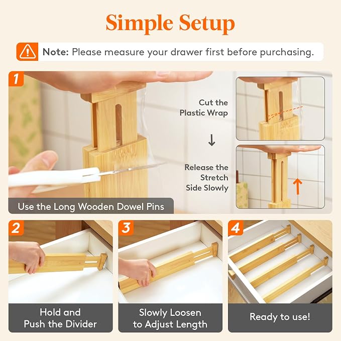 Lifewit 2.4" High 6 Pack Bamboo Drawer Dividers 33-42cm/13-16.5" Adjustable Wooden Drawer Organizer for Clothes/Utensils, Expandable Drawer Separator for Dresser/Kitchen/Bedroom/Office Organization - Image 5