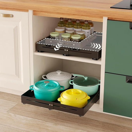Pull out Cabinet Organizer, Full Metal Expandable Width (12.6"-20.8") & Depth (16"-24.4") Adjustable Slide out Drawers, No Drill Adhesive Roll out Shelves for Kitchen Pantry, Black by AmzAgeHomeKitchen